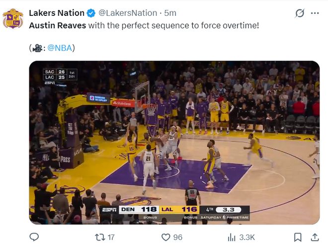 里夫斯绝平球助湖人涉险 东契奇0.5秒准绝杀掘金