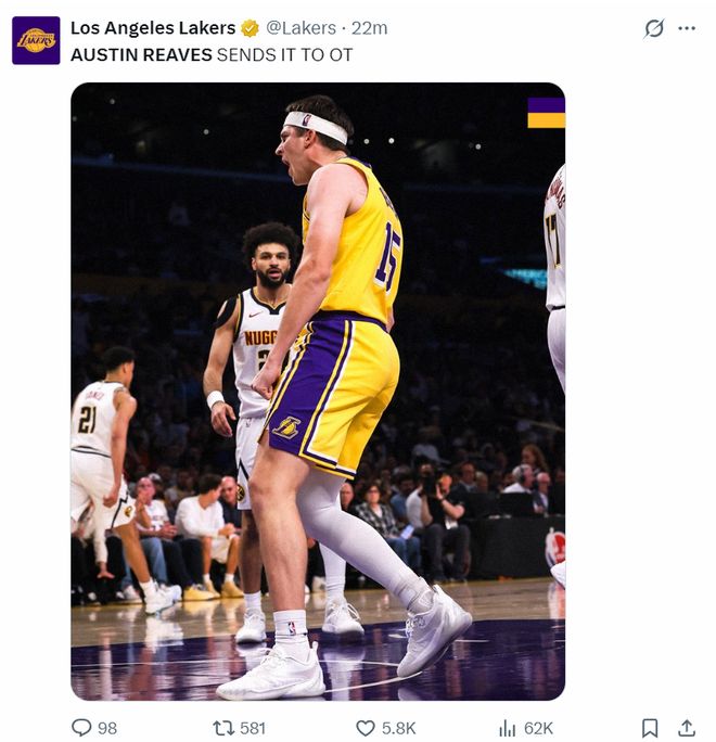 里夫斯绝平球助湖人涉险 东契奇0.5秒准绝杀掘金